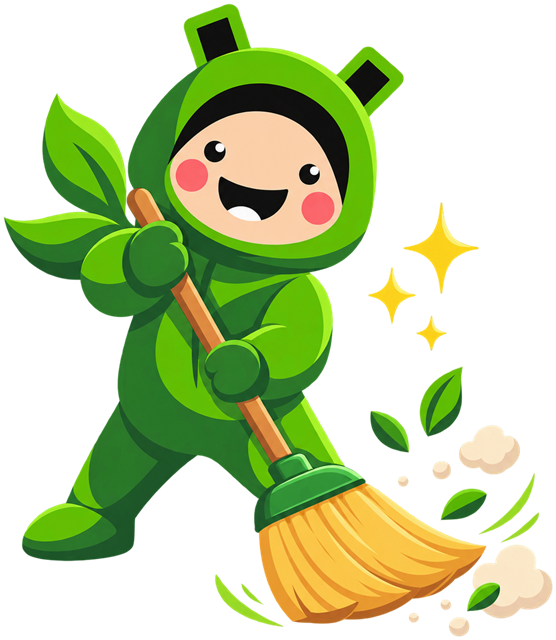 Mascot sweeping with a broom