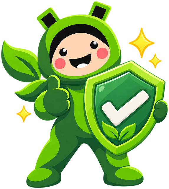 Mascot holding a shield with a checkmark